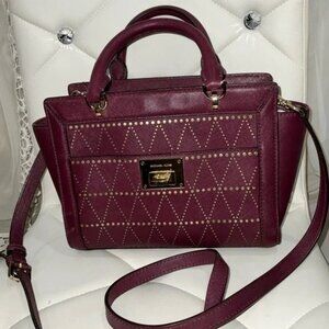 Michael Kors Tina Saffiano Leather Small Satchel Messenger Bag Plum